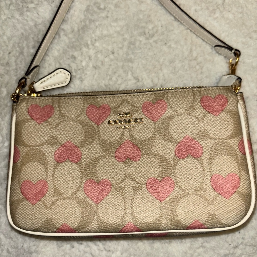 Coach Pink and Cream Wristlet with Heart Design